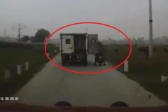 Quên chốt cửa, xe thùng biển xanh hất 2 người phụ nữ văng xuống đê