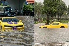 Chevrolet Camaro độ cửa cắt kéo bị nước lũ bao vây ở Hải Phòng