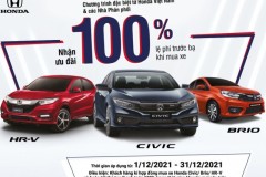 Honda Việt Nam ưu đãi 100% lệ phí trước bạ cho khách hàng mua xe Civic, HR-V và Brio