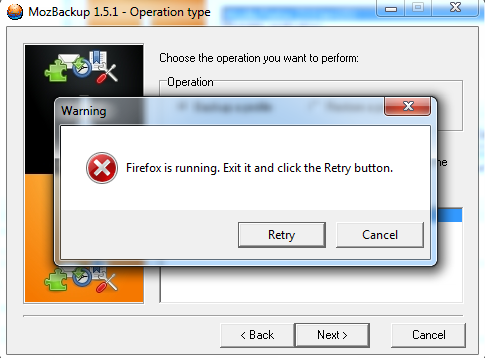 Báo lỗi thông dụng, tắt trình duyệt trước khi sao lưu