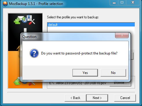 Tới đây sẽ hỏi bạn có đặt Password cho tệp tin mới Backup ko ?