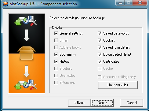 Chọn thông số cần sao lưu