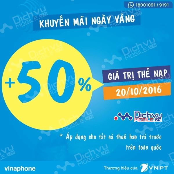 Vinaphone khuyến mãi 50% giá trị thẻ nạp nhân dịp 20/10