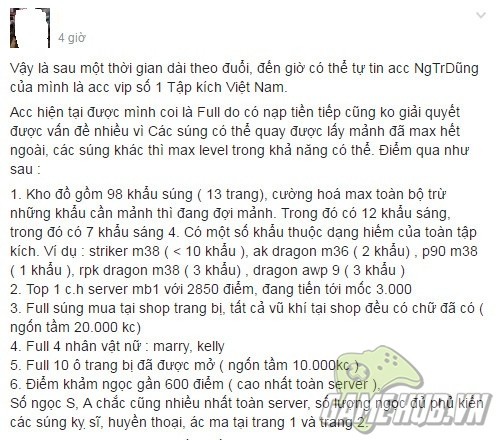 Xuất hiện “đại gia” với acc “khủng” giá trị bậc nhất Tập Kích Việt Nam