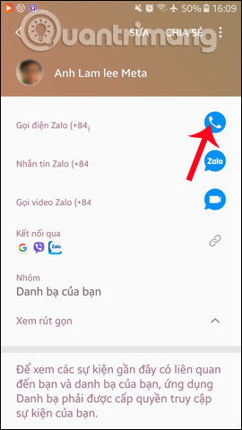 Zalo cho phép gọi điện trực tiếp từ danh bạ