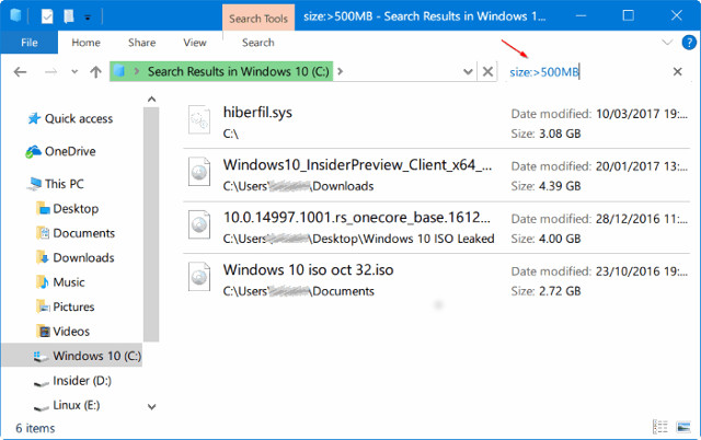 Cách tìm tập tin dung lượng lớn trên Windows 10