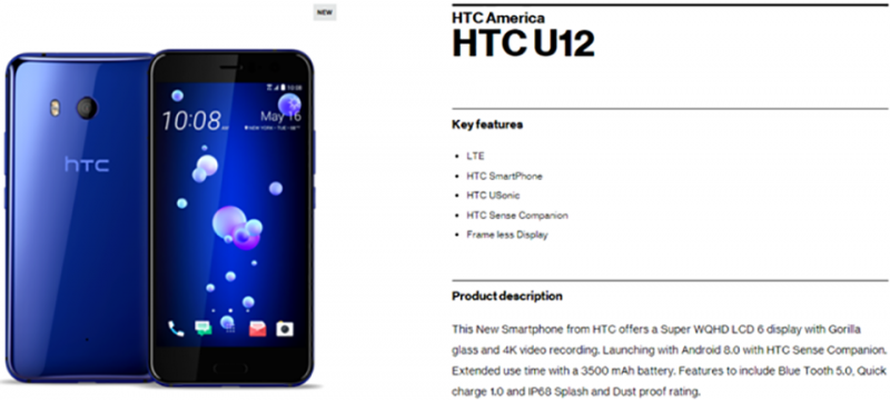 HTC U12 xuất hiện trên trang web của Verizon với màn hình không viền, pin 3500 mAh