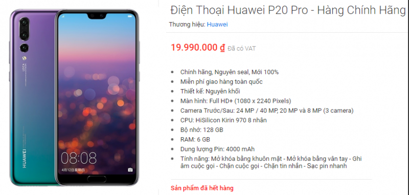 Huawei P20 Pro sẽ có giá bán là 19.99 triệu đồng
