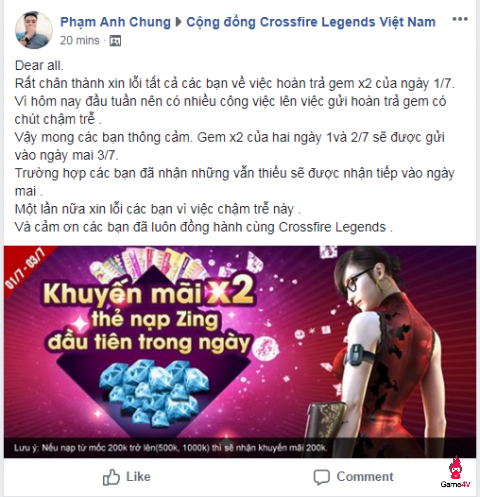 [CFL] Game thủ bức xúc vì lại trễ trả thưởng gem khuyến mại