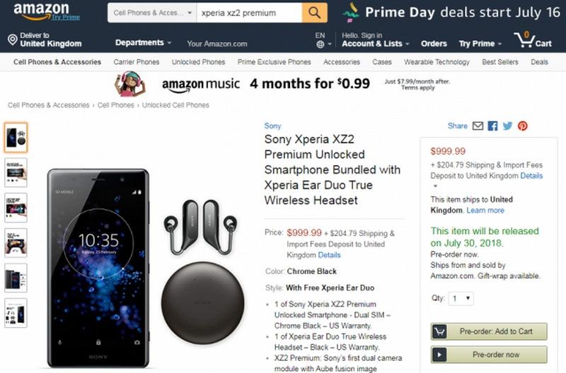 Đặt hàng trước smartphone Xperia XZ2 Premium tại Mỹ với giá 23 triệu đồng