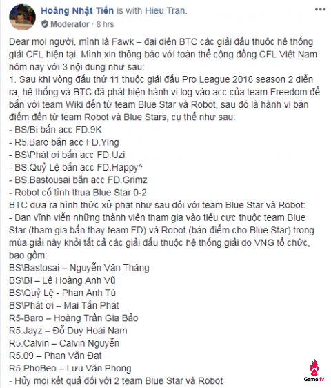 [CFL] Cấm thi đấu vĩnh viễn 2 team Blue Star và Wiki do “bắn hộ” trong giải đấu Pro League 2018 season 2