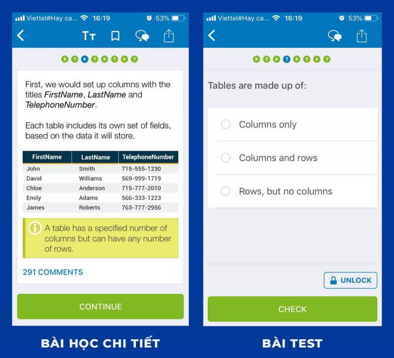 Bài học chi tiết và bài test ngay sau khi học