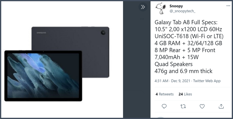 Galaxy Tab A8 2021 lộ diện: Mỏng 6.9 mm, pin hơn 7.000 mAh kèm giá tốt